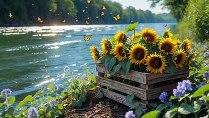 Sunflowers in Wooden Crate by River with Butterflies Flying Around