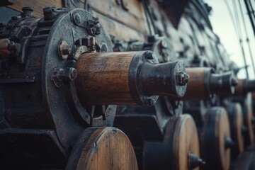 Fototapeta premium Closeup view of historic Gatling guns lined up for display at a museum or exhibition event, A close-up view of old Gatling guns lined up for battle on the side of an old wooden battleship