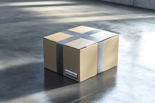 Customizable Delivery Box Mockup on Warehouse Floor with Tape and Label

