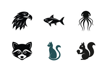 Wildlife animal icons set eagle fish cat raccoon squirrel jellyfish