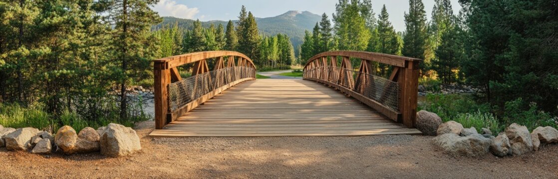 Wooden arch bridge spanning a small stream in a wooded park setting