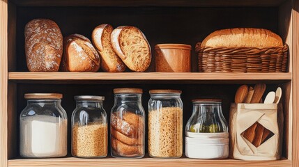 Wooden kitchen shelf with assorted bread baked goods and containers of flour sugar and grains for baking