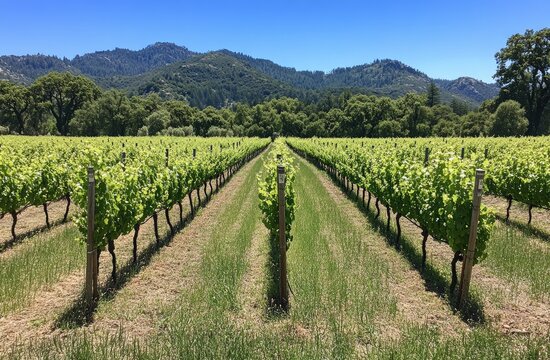 Rows of vibrant green grapevines stretch across a sun-drenched vineyard, leading to a backdrop of rolling hills under a clear blue sky - Powered by Adobe