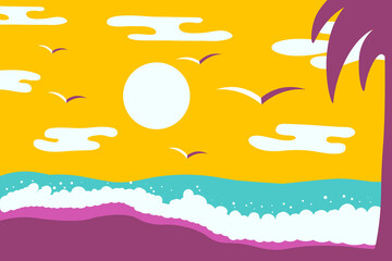 Abstract background with sea view and palm tree. Vector illustration in flat style