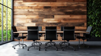 Fototapeta premium Modern conference room with large , wooden wall, black chairs, and green plants for meetings