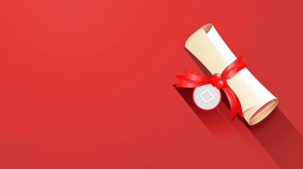 Elegant graduation diploma certificate with red ribbon for end of course celebrations. Horizontal banner. Copy space. End of course. Education concept. Graduation, university, institute, school