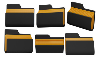 Black Folder Icon Set with Orange Dividers in Multiple Angles on Transparent Background 3D Render Illustration