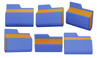 Blue Folder Collection Showing Various Views with Divider Sections on Transparent Background 3D Render Illustration