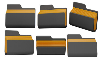 Grey Folder Icons Displayed in Multiple Angles with Organized Files on Transparent Background 3D Render Illustration