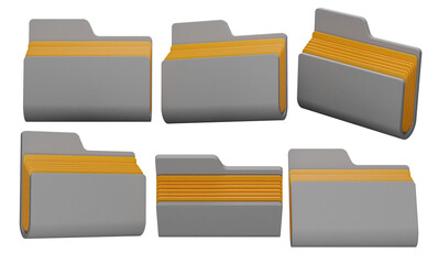 Light Grey Folder Set Featuring Orange File Layers from Different Perspectives on Transparent Background 3D Render Illustration