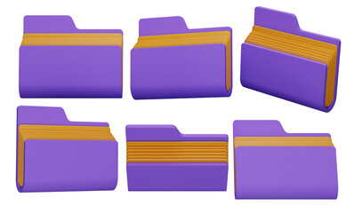 Purple Folder Icons in Various Positions with Paper Dividers on Transparent Background 3D Render Illustration