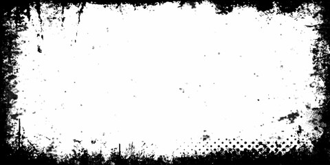 Vector ink frame border and halftone dot pattern Grunge poster design featuring abstract geometric shapes, paint splashes, and a distressed texture
