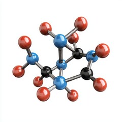 Obraz premium 3D Molecular Model Red, Blue, and Black Spheres Connected by Silver Rods on White Background