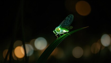 A glowing firefly perched on a blade of grass in a dreamy, illuminated environment.