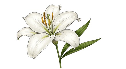 Fototapeta premium Elegant White Lily Flower Illustration with Green Leaves
