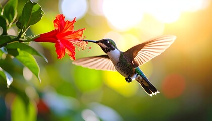 Obraz premium Hmmingbird feeding on a flower nectar, with blurred wings, vibrant plumage, and natural background, wildlife photography