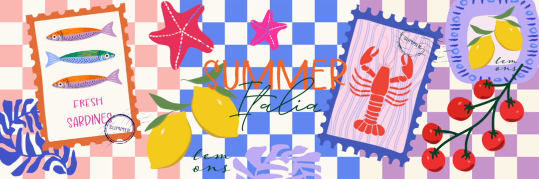 Modern abstract summer poster in sketch doodle style with hand drawn. Trendy design for cards, wall art, ads, print, decor, branding. Amalfi, Italian sea coast hand drawn icons. Summer sea vacation.