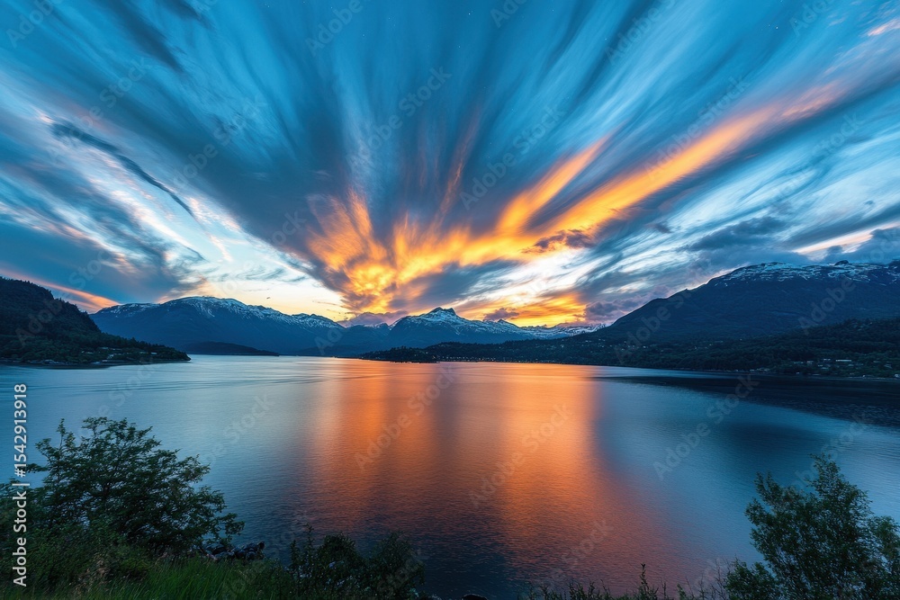 Poster day to night timelapse showing fast-moving clouds above tranquil lake with reflecting mountains, day