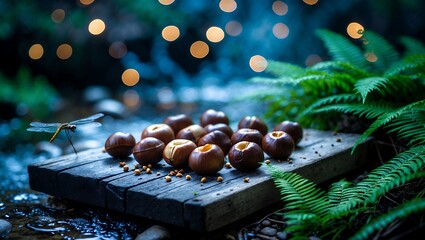 Chestnuts on Wooden Planks by Stream with Dragonfly and Ferns