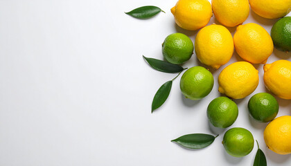 Fresh Lemons and Limes with Green Leaves on White Background – Citrus Flat Lay


