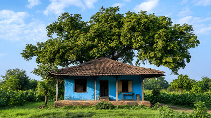 Village farmhouse old Indian rural house. farmer house blue sky green village hut. banyan tree