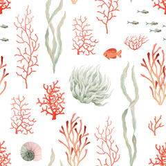 Seamless marine pattern with watercolor red corals and green underwater plants, isolated delicate illustration for your sea textile, wallpapers or background. Colorful hand-drawn print.
