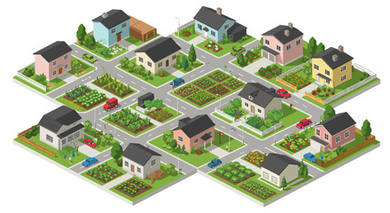 Charming suburban neighborhood with houses and gardens in sunny setting for urban planning concepts vector illustration