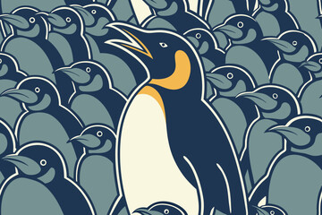 photorealistic image of a large colony of King Penguins densely packed together. One penguin in the foreground stands out, its beak open in a call, bathed in warm, golden light from a low sun. The su