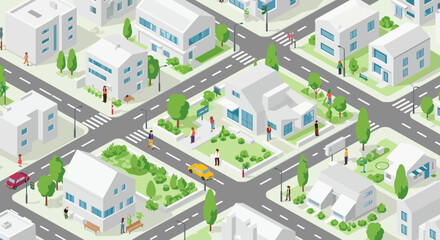 Urban neighborhood scene with streets and buildings for design and planning vector illustration