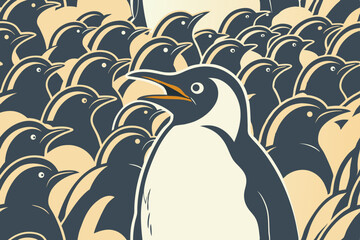  photorealistic image of a large colony of King Penguins densely packed together. One penguin in the foreground stands out, its beak open in a call, bathed in warm, golden light from a low sun. The su