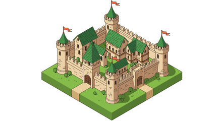 Medieval castle with green roof and towers on white background for fantasy design vector illustration