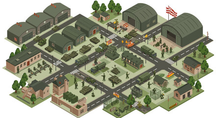 Isometric military base with vehicles and soldiers operating amidst strategic buildings vector illustration