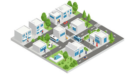 Obraz premium Isometric cityscape with buildings, streets, and people for urban design and planning vector illustration