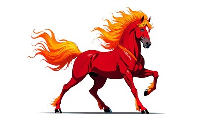 A dynamic red horse with a fiery mane and tail appears to gallop, embodying energy and motion against a stark white background. AI generated.
