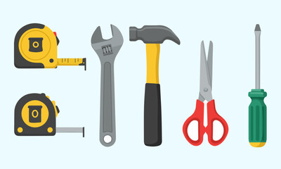 Essential Home Improvement and DIY Hand Tools Collection. A clear illustration of essential hand tools for home improvement and DIY tasks.