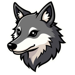 An artistic illustration of a grey wolf's head with detailed features and a clean look