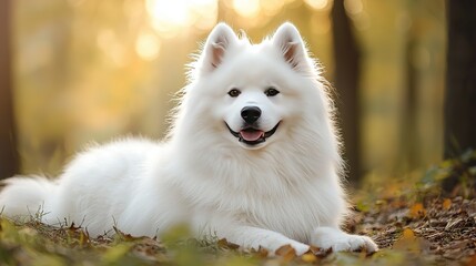 Naklejka premium Samoyed in the Sunlit Forest