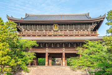 View at the Chionin Sanmon gate in the streets of Kyoto in Japan