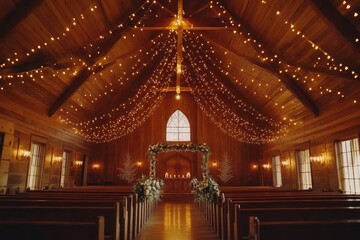 Obraz premium Indoor wedding celebration under enchanting string lights creating a romantic atmosphere, Indoor wedding with string lights to celebrate the wedding in a rustic setting, video
