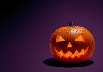 Single jacklantern on a clean purple background, dramatic shadow, lots of empty negative space for text, minimalist horror style, editorial use. High quality photo