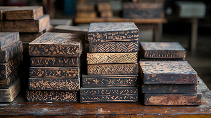 Wooden blocks for hand block printing at a factory in Bagru village, India