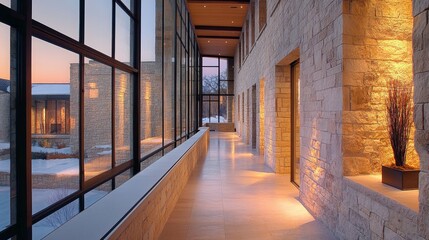 61.Contemporary home hallway with natural stone wall, floor-to-ceiling glass, and view to a serene courtyard