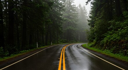 Fototapeta premium Wet Forest Road with Curves and Lush Greenery after Rain