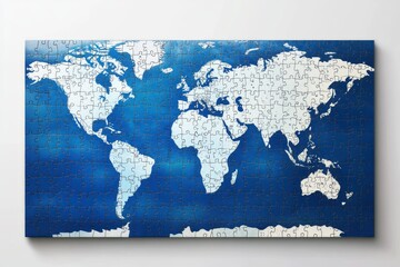 Puzzle world map visual, blue tone, flat design on neutral background