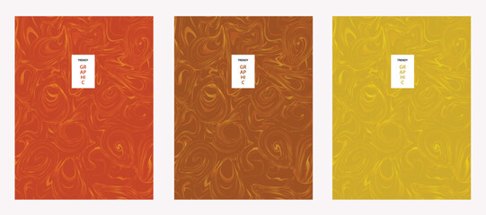 Set of luxury patterns with golden swirls, bright  yellow orange brown abstract liquid dynamic gradient waves background. Fluid marble texture. Modern cover design with copy space for text.