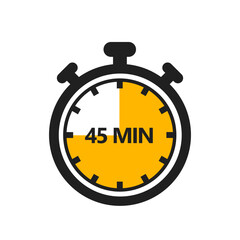45 Minute Timer Icon in a Modern Flat Style. A Clock, Stopwatch, or Chronometer Displaying a For Forty Five Minute Mark. Ideal for Cooking Duration or Countdown Display