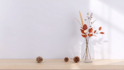 Simple aesthetic with dried plants in vase and pine cones on wooden shelf for home decoration concept