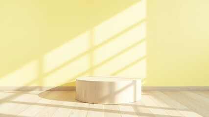 Minimalist empty room featuring wooden podium, bright yellow wall, and natural light creating a clean aesthetic space.