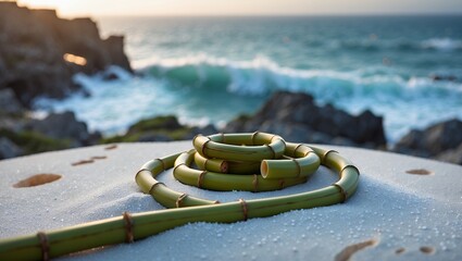 Green Bamboo Stem in Spiral on Sand with Ocean Backdrop