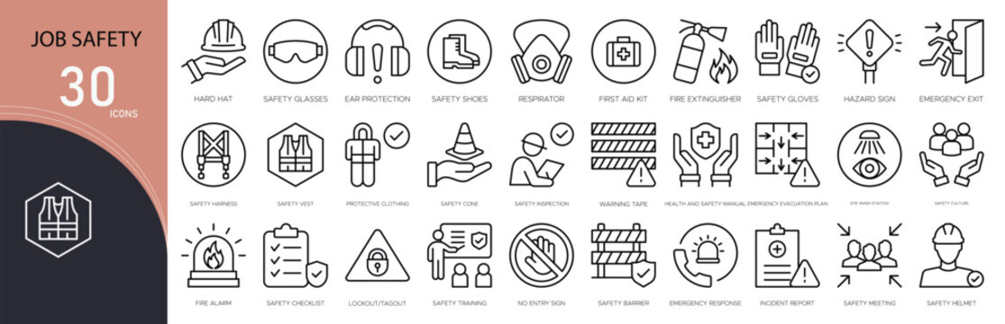 Job safety related icon collections. Containing helmet, warning, protection, hazard, gloves, shield, compliance, first aid, alert, and secure icons. Outline icons.